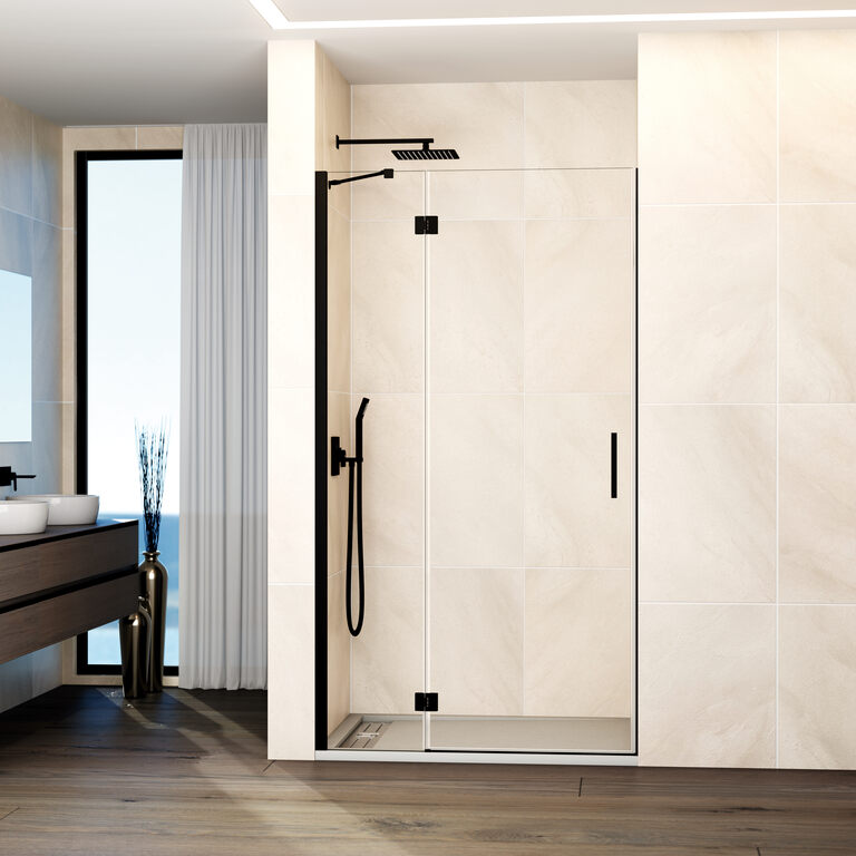 Mampara glass panel fijo + puerta abatible 127-130 cm (50+80) negro