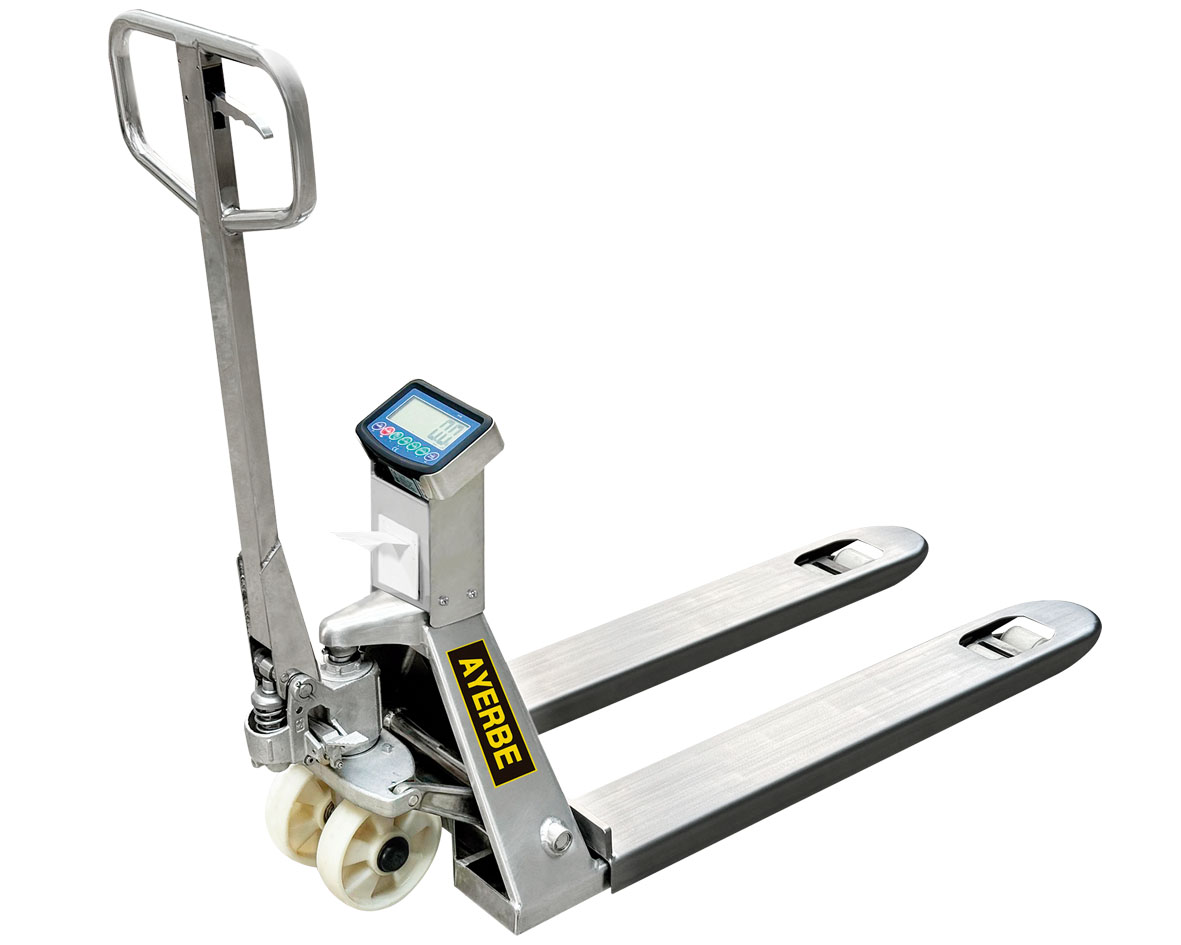 Transpaleta inoxidable impresora 2500kg acero 304 precisión ±0,5kg