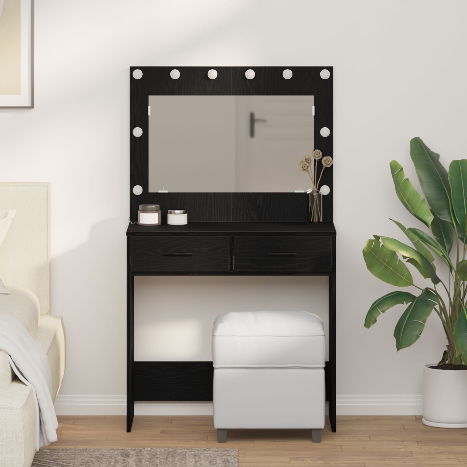 Mesa de tocador con luces LED en roble negro 78,5x41x135 cm oif913336