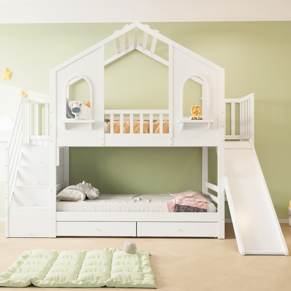 Litera 90x200cm con tobogán y escalera con almacenaje madera – blanco