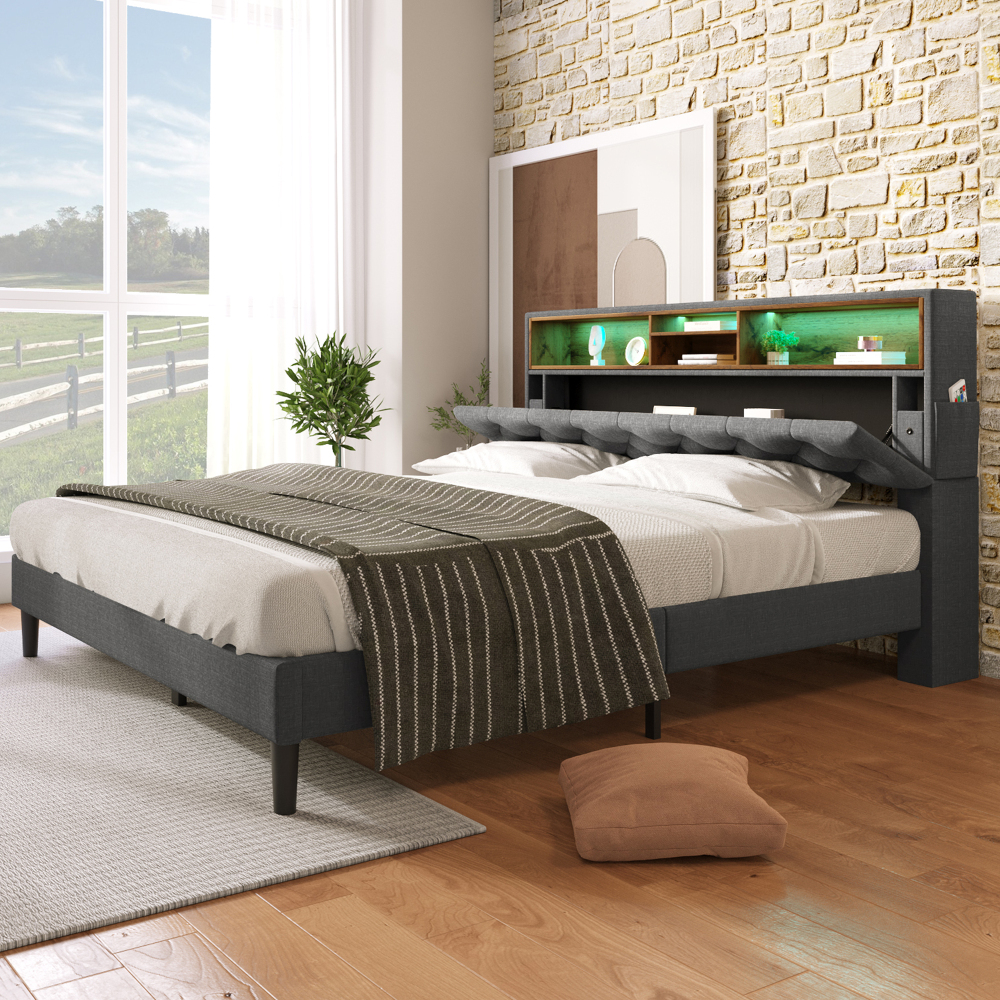 Cama tapizada 140x200cm con LED y cabecero madera maciza y lino, gris