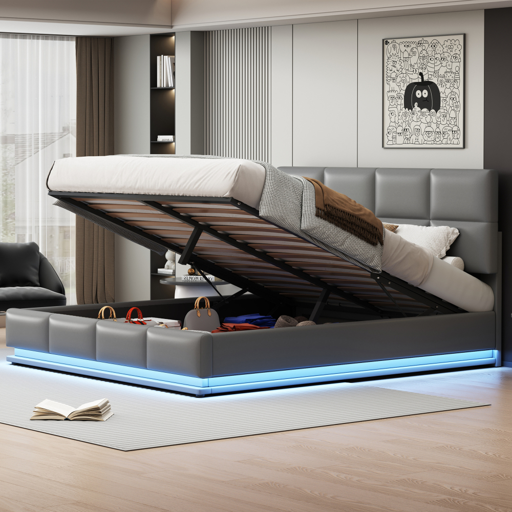 Cama tapizada 180x200 cm con LED y canapé abatible pu – gris cemento