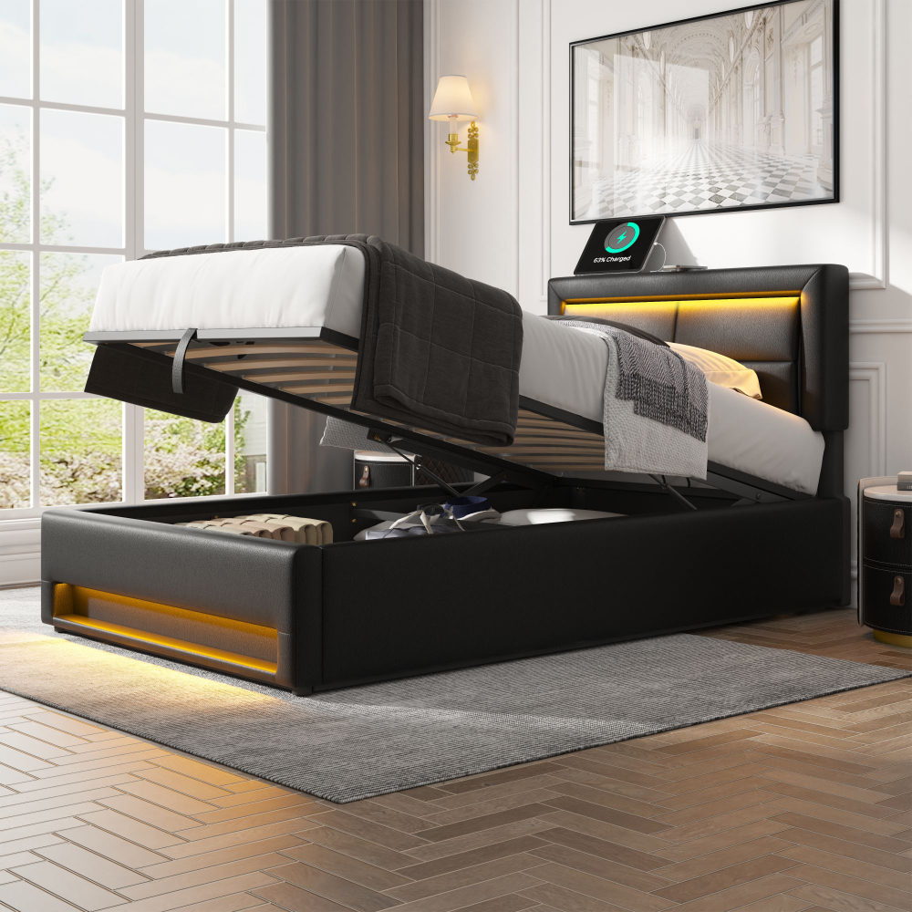Cama tapizada 90x200cm con canapé hidráulico, LED y usb pu – negro