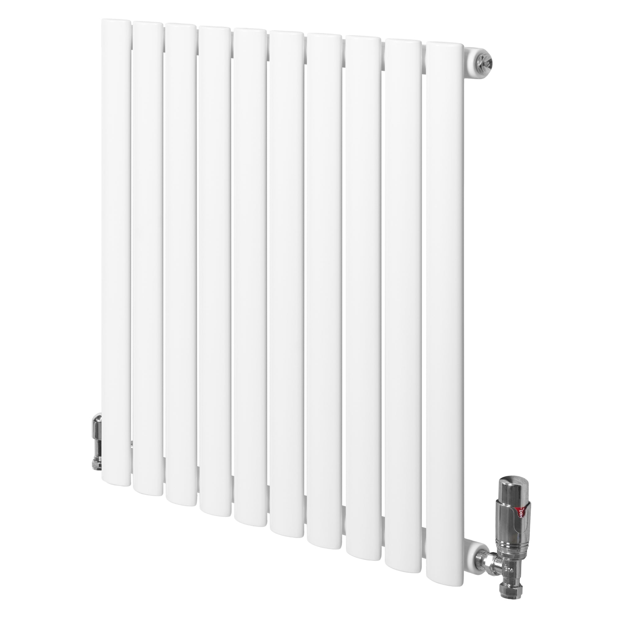 Radiador de columna simple ovalado y válvulas – 600 mm x 600 mm – blanco