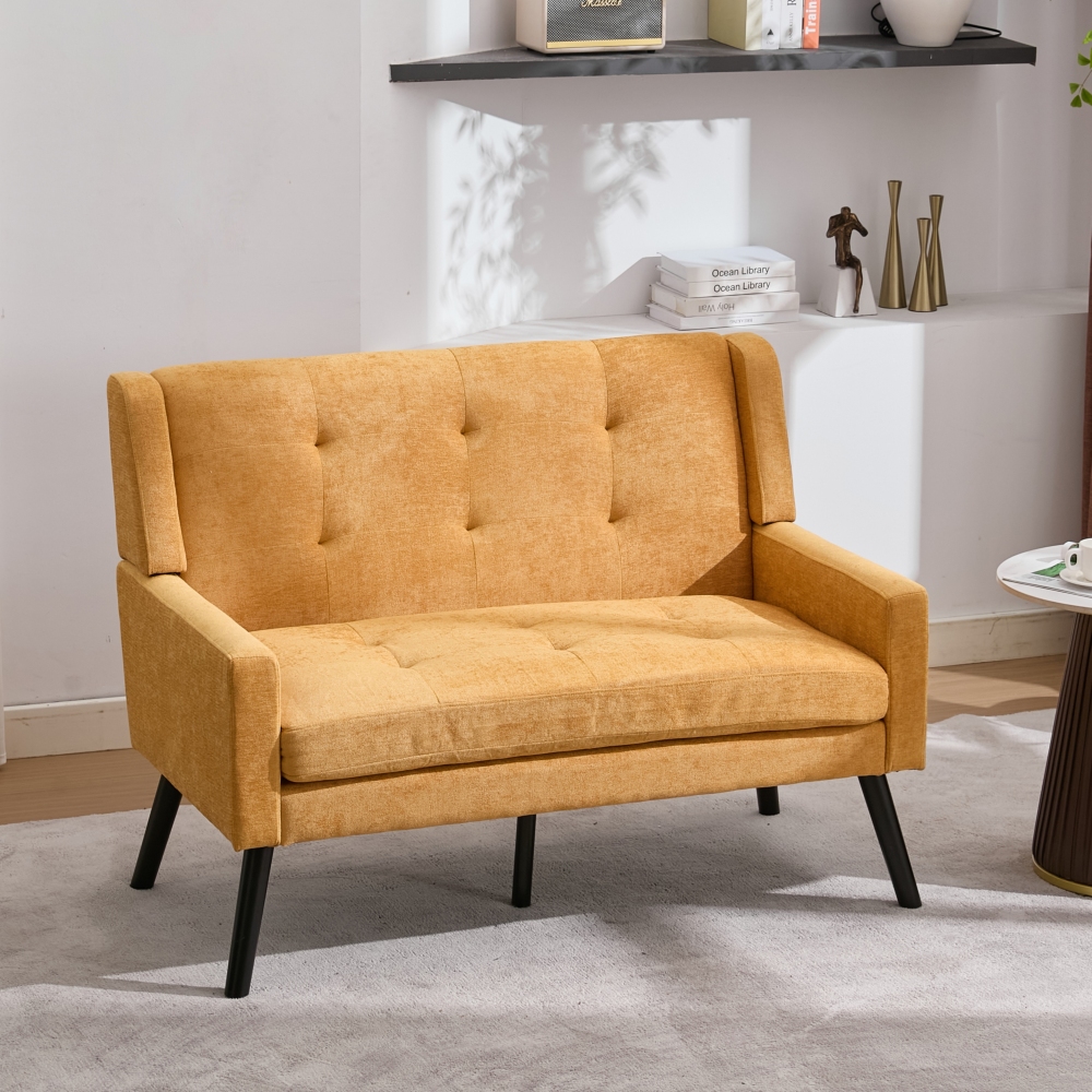 Banco tapizado amarillo 2 plazas con patas de madera maciza