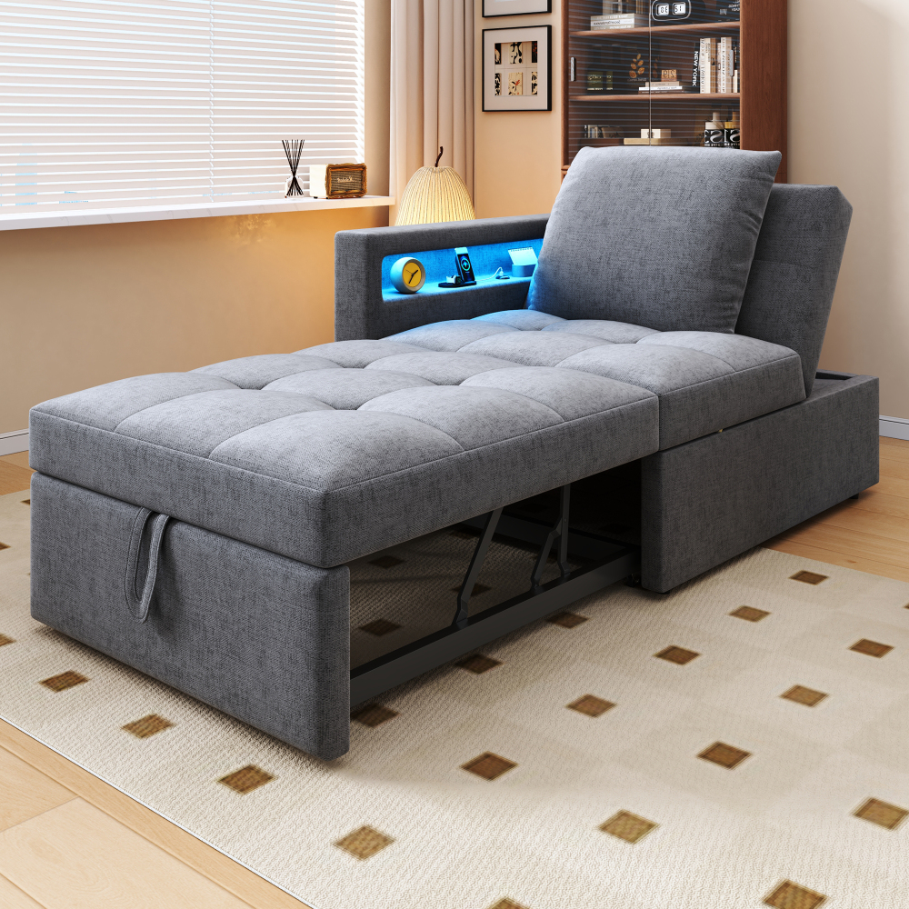 Sofá cama 3 en 1 gris claro con respaldo ajustable LED usb y puerto c