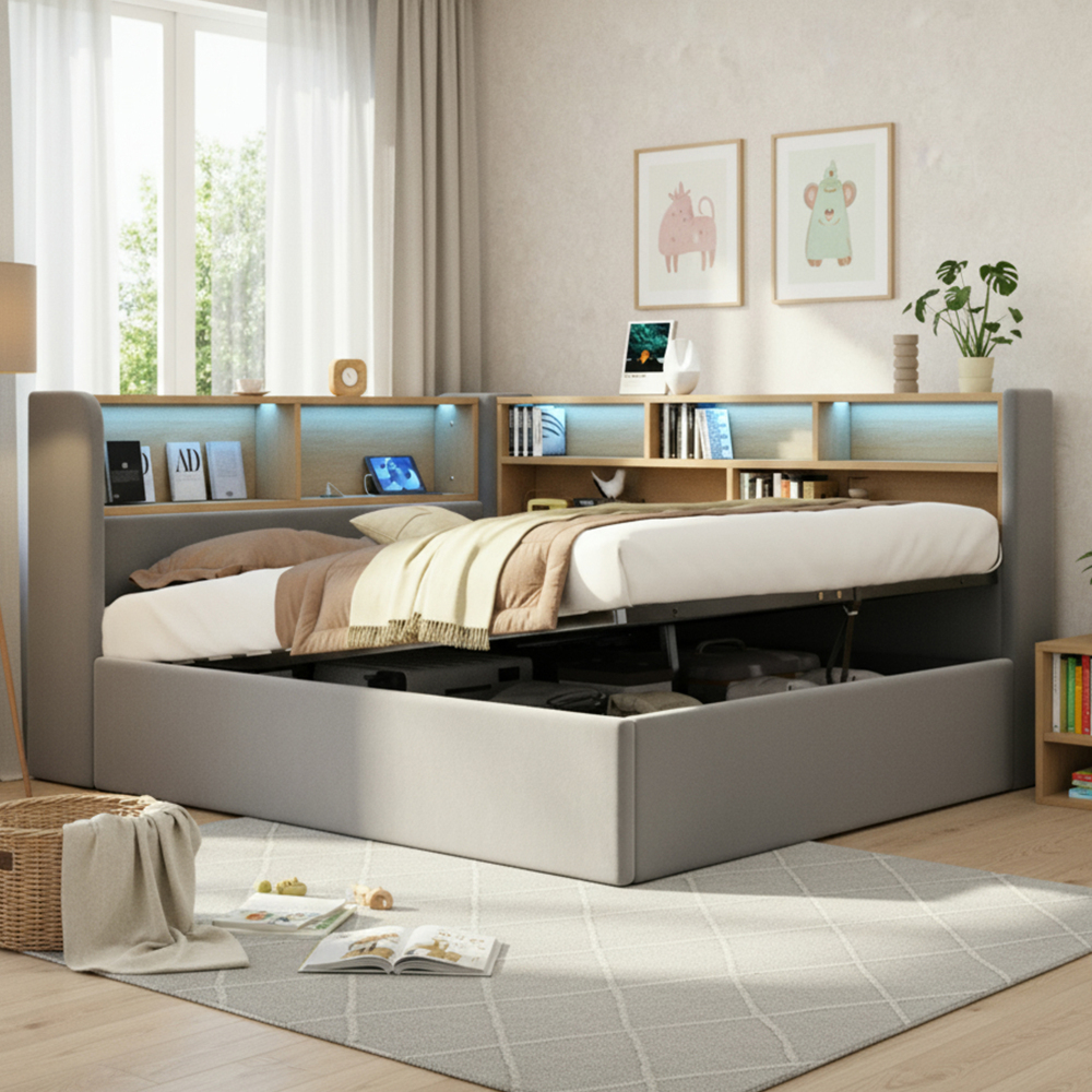 Cama tapizada 140x200 cm con almacenaje, LED y usb terciopelo – gris