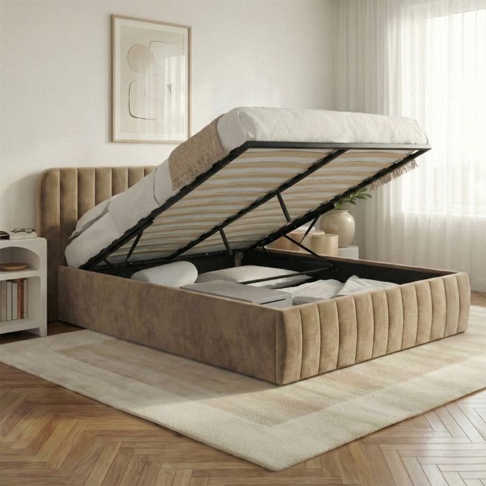 Cama con arcón de terciopelo topo - cabecero - 140 x 190 cm