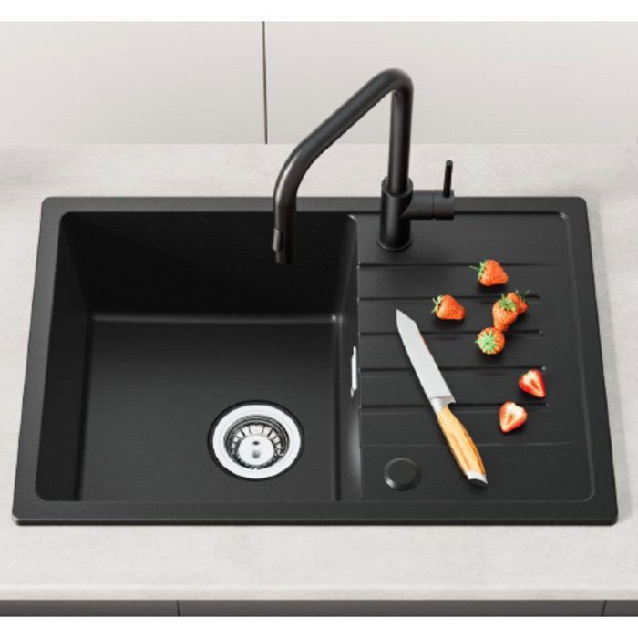 Fregadero de cocina de granito de 65x45 cm con escurridor negro carbón