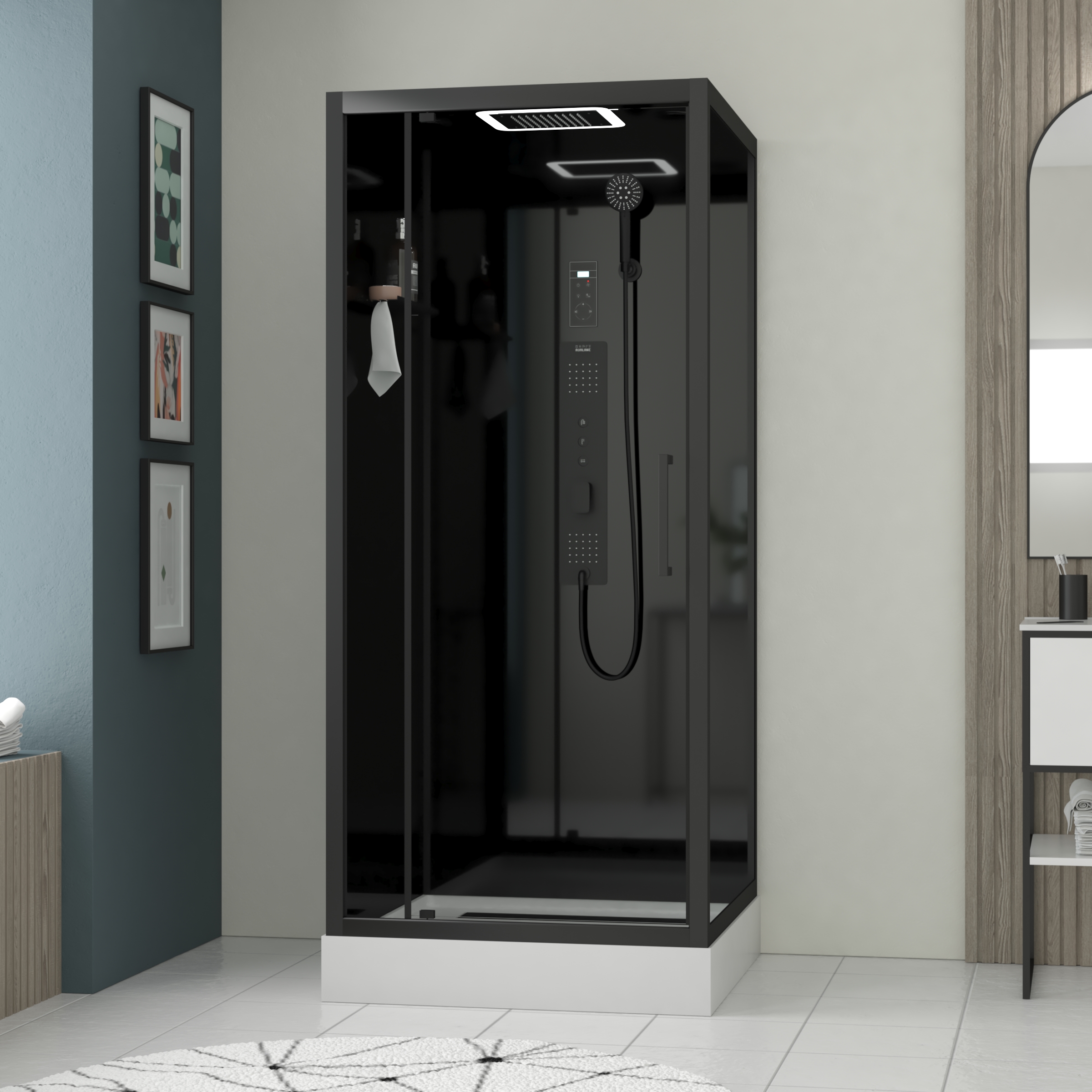 Cabina ducha 90x90x218 cm cuadrada + puerta abatible + fondo negro