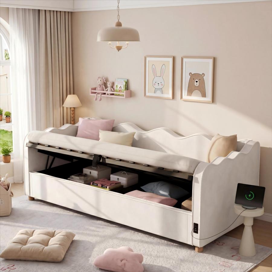 Cama 90x200 cm tapizada con almacenaje hidráulico y usb terciopelo