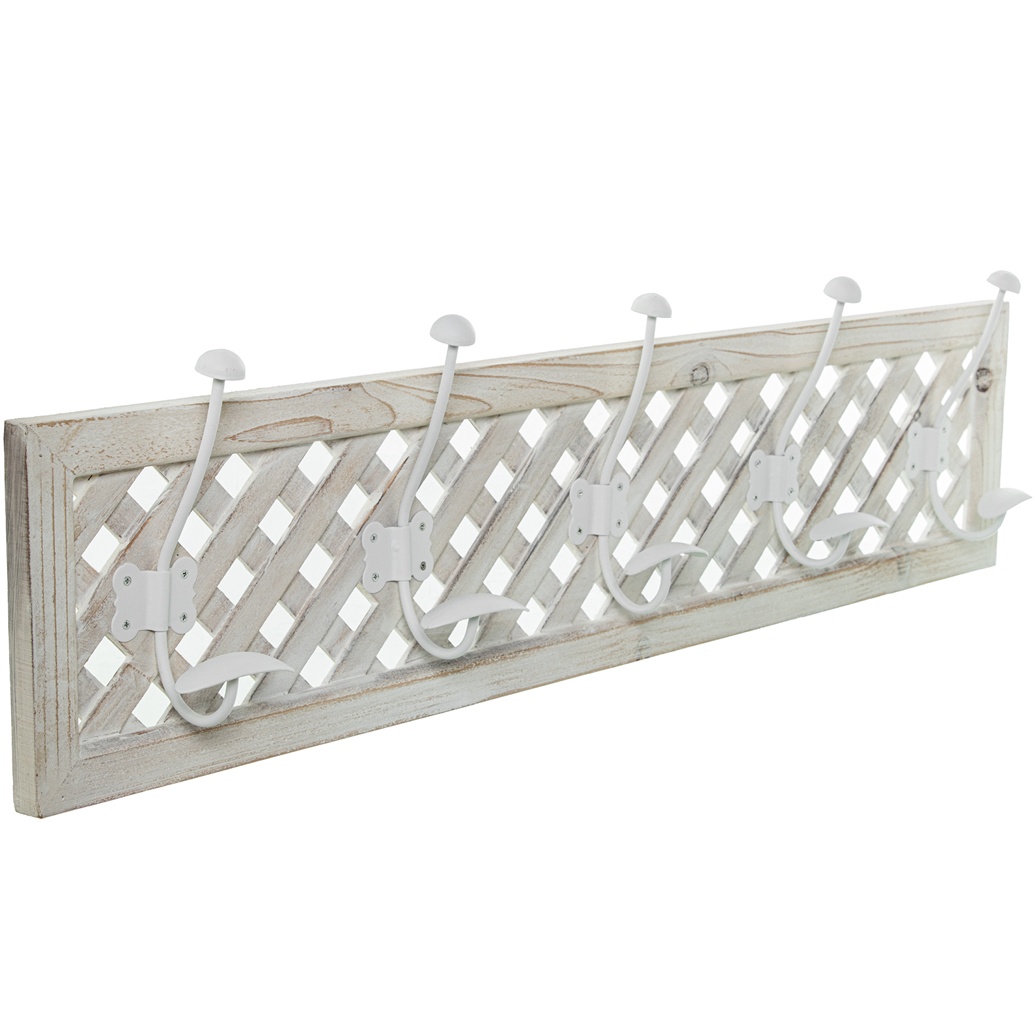 Perchero madera con 5 ganchos metal blanco