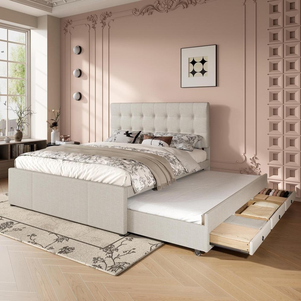 Cama doble 140x200cm, 3 cajones, cama nido y cabecero ajustable beige
