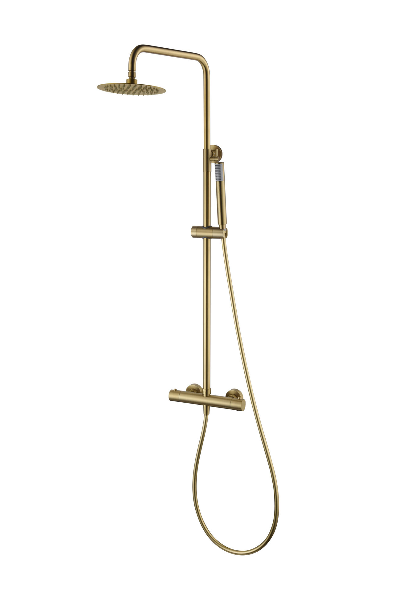 Columna de ducha extensible, termostatico rociador extraplano oro cepillado