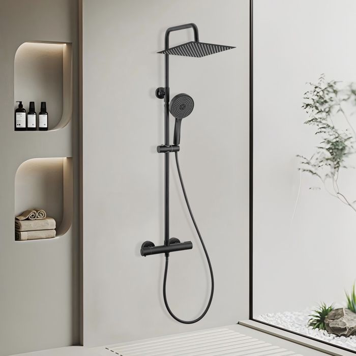 Columna de ducha negra de acero inoxidable con mezclador termostático y 5 m