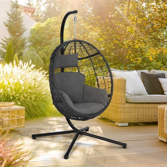 Sillón huevo colgante de ratán gris - 100x100x196 cm