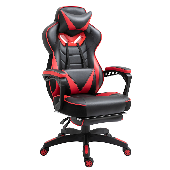 Silla ergonómica giratoria negra reclinable con reposapiés y cojín lumbar